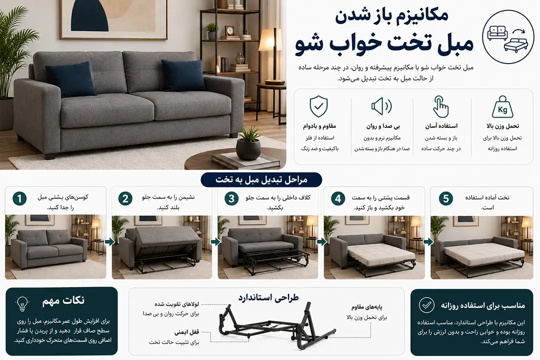 مکانیزم مبل تخت خواب شو هنگام تبدیل به تخت