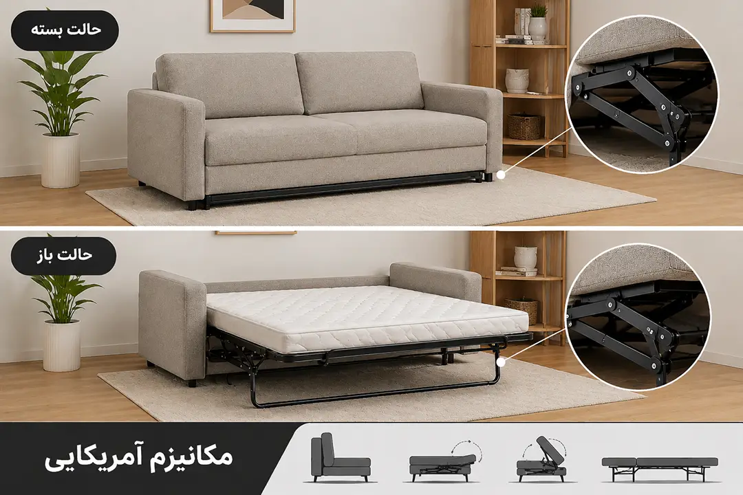 مکانیزم تخت خواب شو آمریکایی در دو حالت باز و بسته