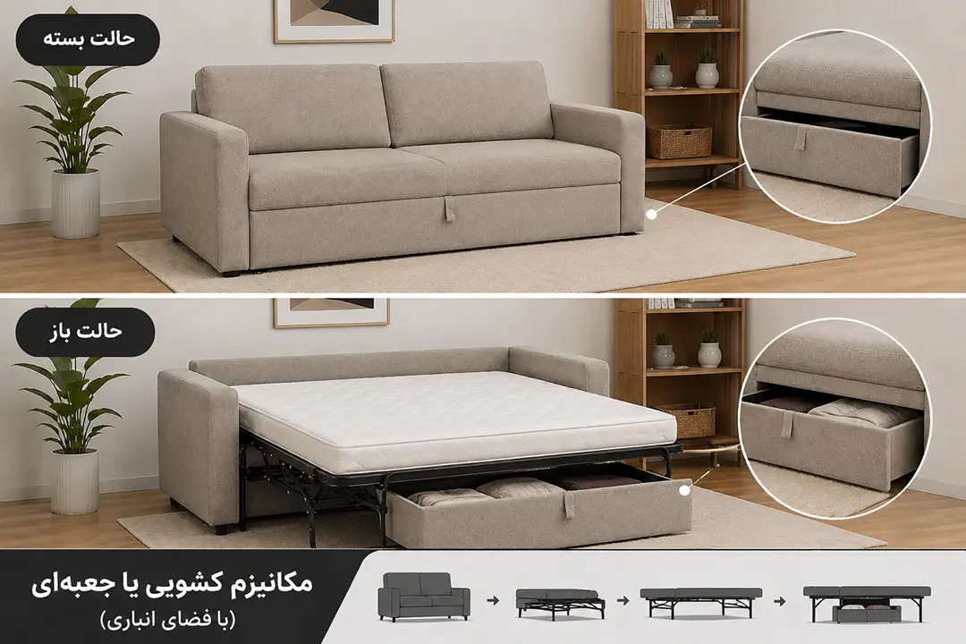 مکانیزم تخت خواب شو کشویی در دو حالت باز و بسته