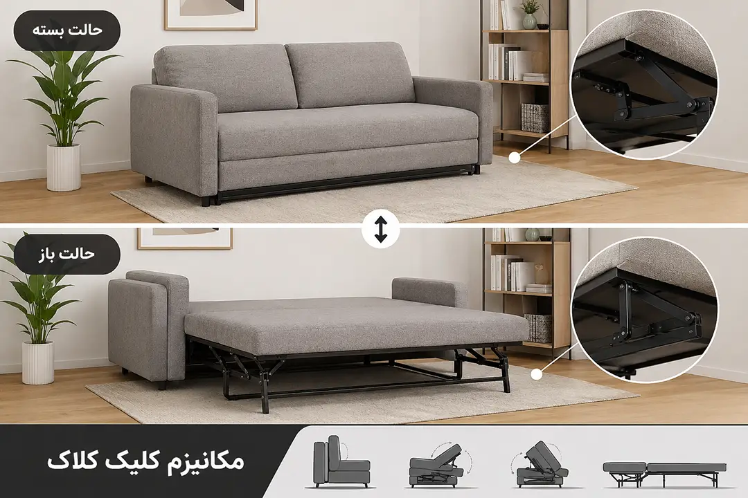 مکانیزم تخت خواب شو کلیک‌کلاک دردو حالت باز و بسته